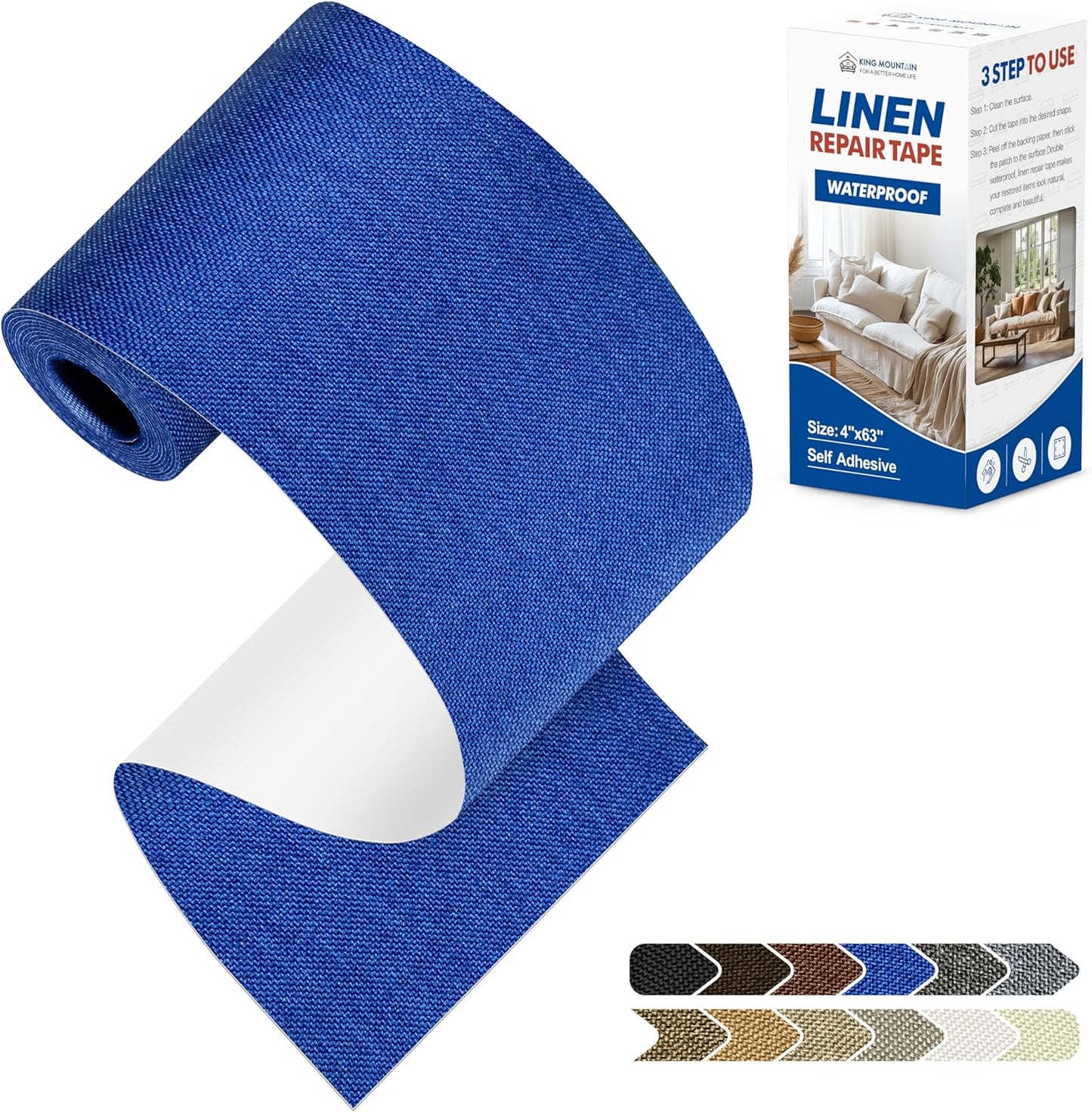 KING MOUNTAIN Linen Repair Patches, Self-Adhesive Linen Fabric Patches, 4 X 63 inch Extra Size, Multi Color, Can be Used for Linen Sofa Repair and Linen Clothes Repair (Navy Blue)