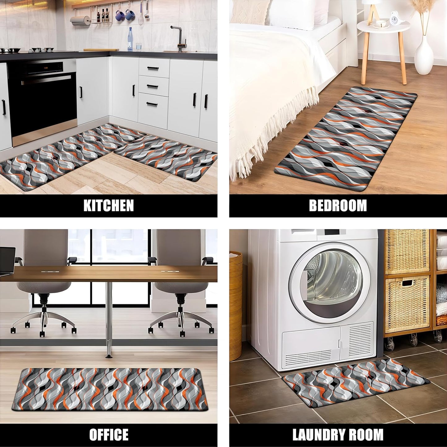 Kitchen Mats for Floor Modern Abstract kitchen rugs Grey and Orange Stripe Anti Fatigue Kitchen Mats Waterproof Floor Mats Cushioned Non-Skid Standing Mats for Kitchen, Set of 2,17.3 x 28+17.3 x 47