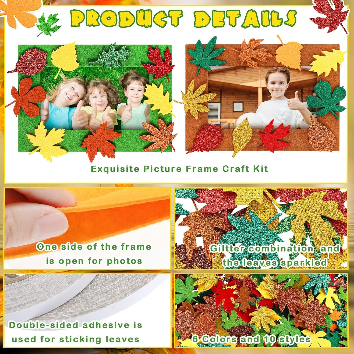 Ferraycle 232 Pcs Fall DIY Picture Frames Craft Kit Thanksgiving Felt Photo Frames with Leaves Pumpkin Harvest Crafts with Foam Stickers for Autumn Party Favor(Mix Color,Leaf)