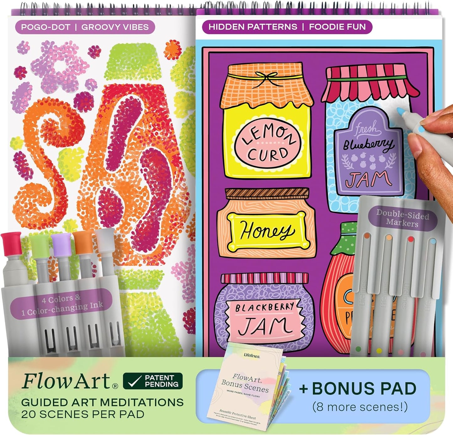 Lifelines FlowArt Activity Pad, 2-Pack & Bonus Pad - Guided Art Meditations with Markers - Hidden Patterns & Pogo-Dot - Coloring Books for Tweens, Adults & Seniors
