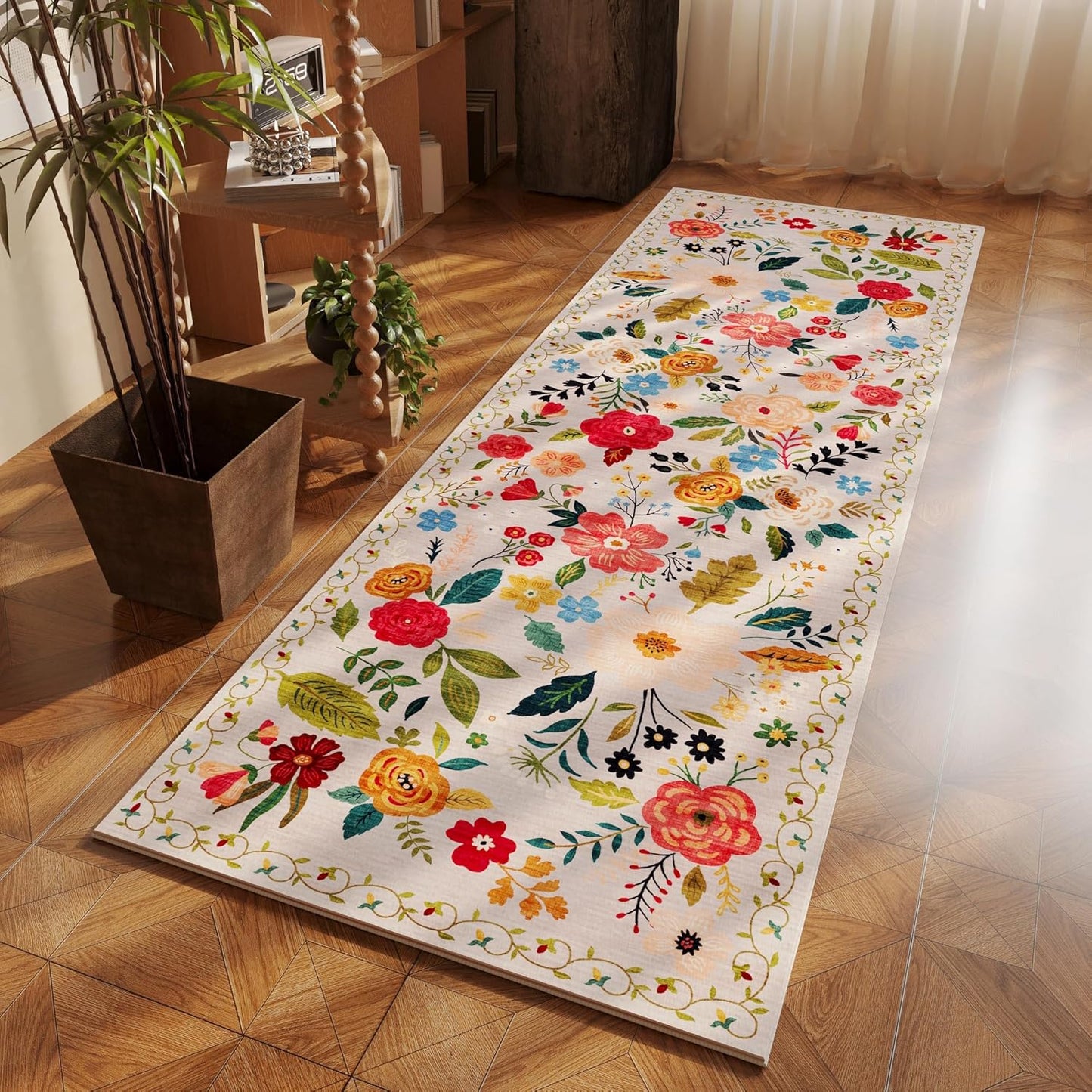 Rugcomf Runner Rug for Hallways Kitchen Rug Non Slip 2'x 6' Washable Rugs with Rubber Backing Soft Floral Carpet Runner for Hallways, Kitchen, Laundry, Bedroom, Bathroom(Beige)