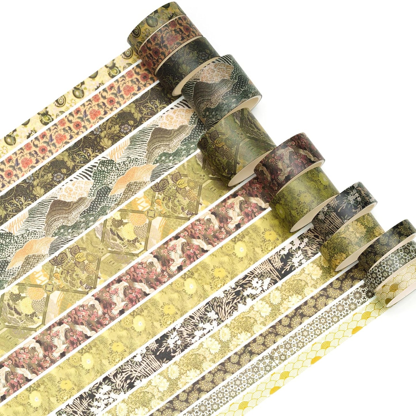 12 Rolls Kyoto Charm Washi Tape Set Japanese Arts Adhesive Tapes Geometric Garden Decorative Masking Tape Sets for Craft, Kids, Scrapbook, DIY, Gift Wrapping (Green Song)