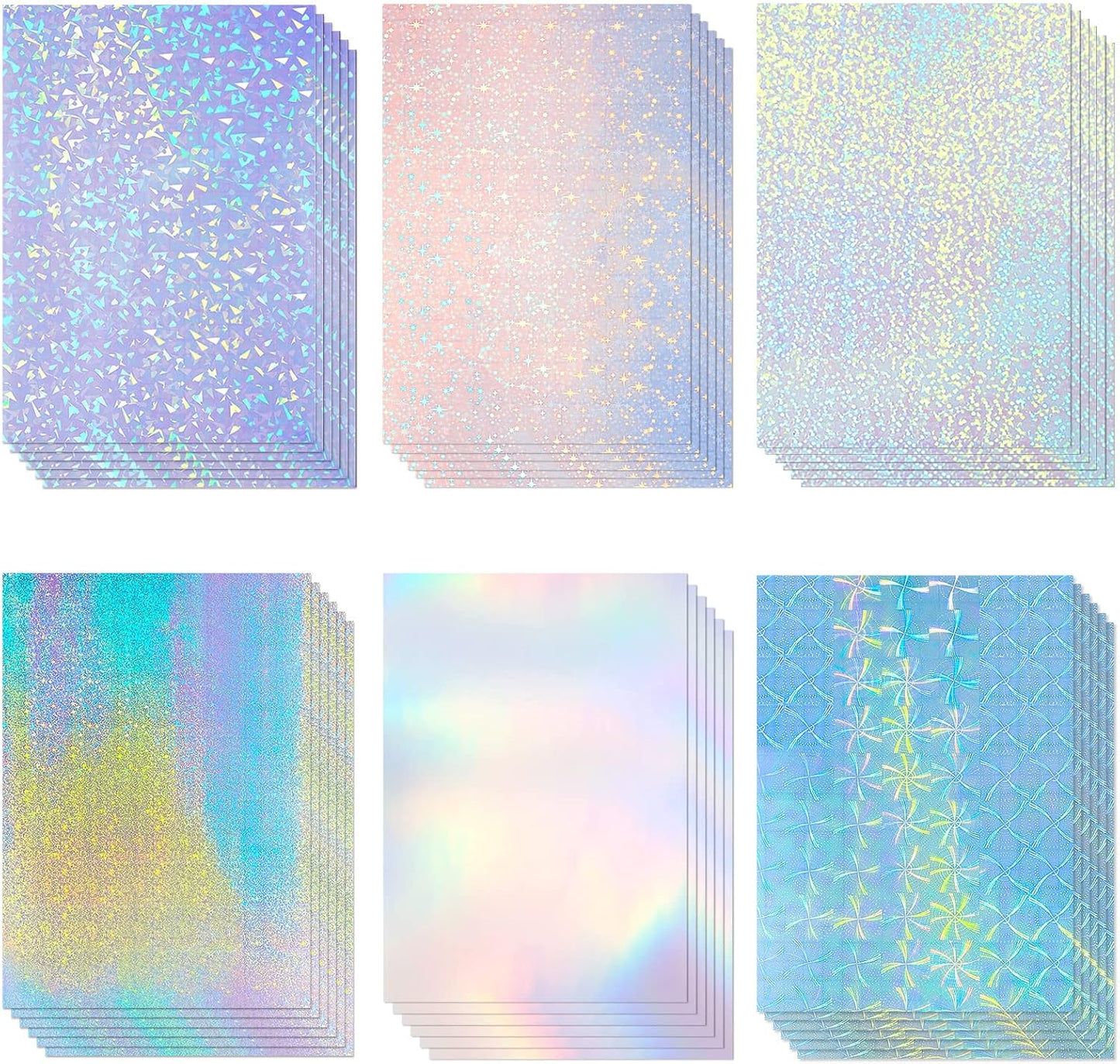 60 Sheets Holographic Laminate Sheets Clear Glitter A4 Size Vinyl Sticker Paper Holographic Overlay Self Adhesive Waterproof Film, 11.7 x 8.3 Inch (Gem, Rainbow, Spot, Star, Sand Star, Wind Mill)