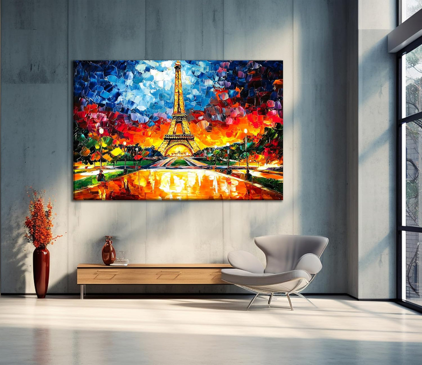 SpiritualHands Paris Eiffel Tower Glass Wall Art Oil Painting for Living Room, Tempered Glass Modern Prints Decor, Large Vivid Color Panel for Bedroom, Kitchen, or Office