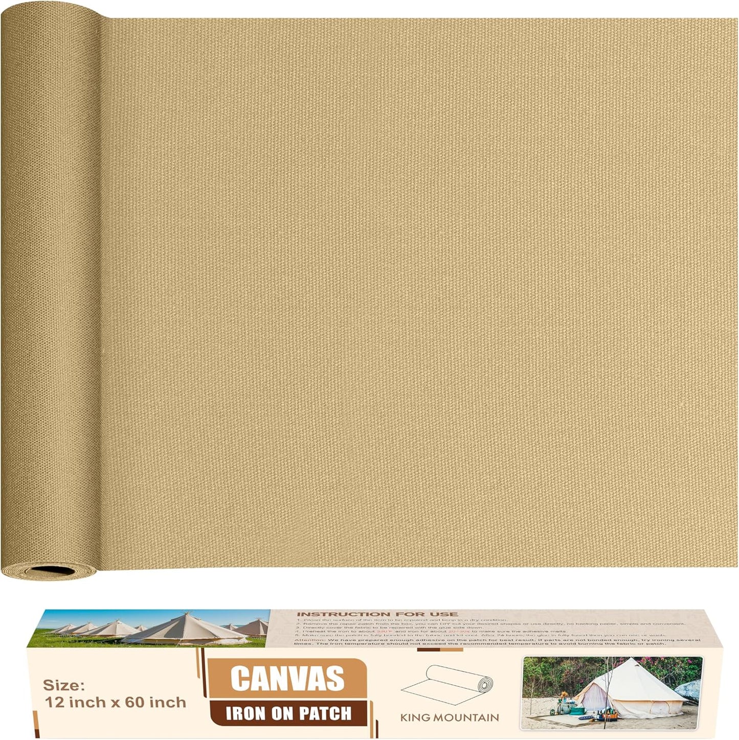 KING MOUNTAIN Canvas Iron on Patch,12"×60",Waterproof 100% Cotton Fabric Repair Patch,Used for Various Sofa,Tent,Clothes,Seats,Suitcases (Flaxen,Waterproof)