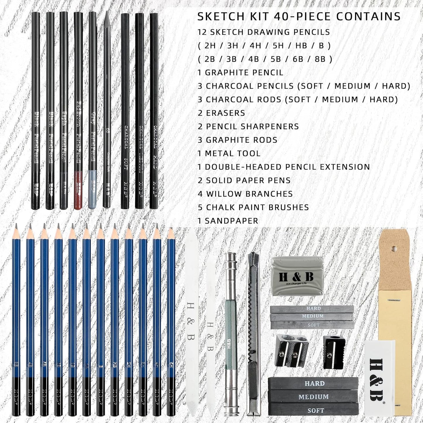 H & B 40 Piece Professional Sketch Pencil Drawing Kit,Complete Artist Kit, Including Graphite Pencils, Pastels, Sharpener and Eraser