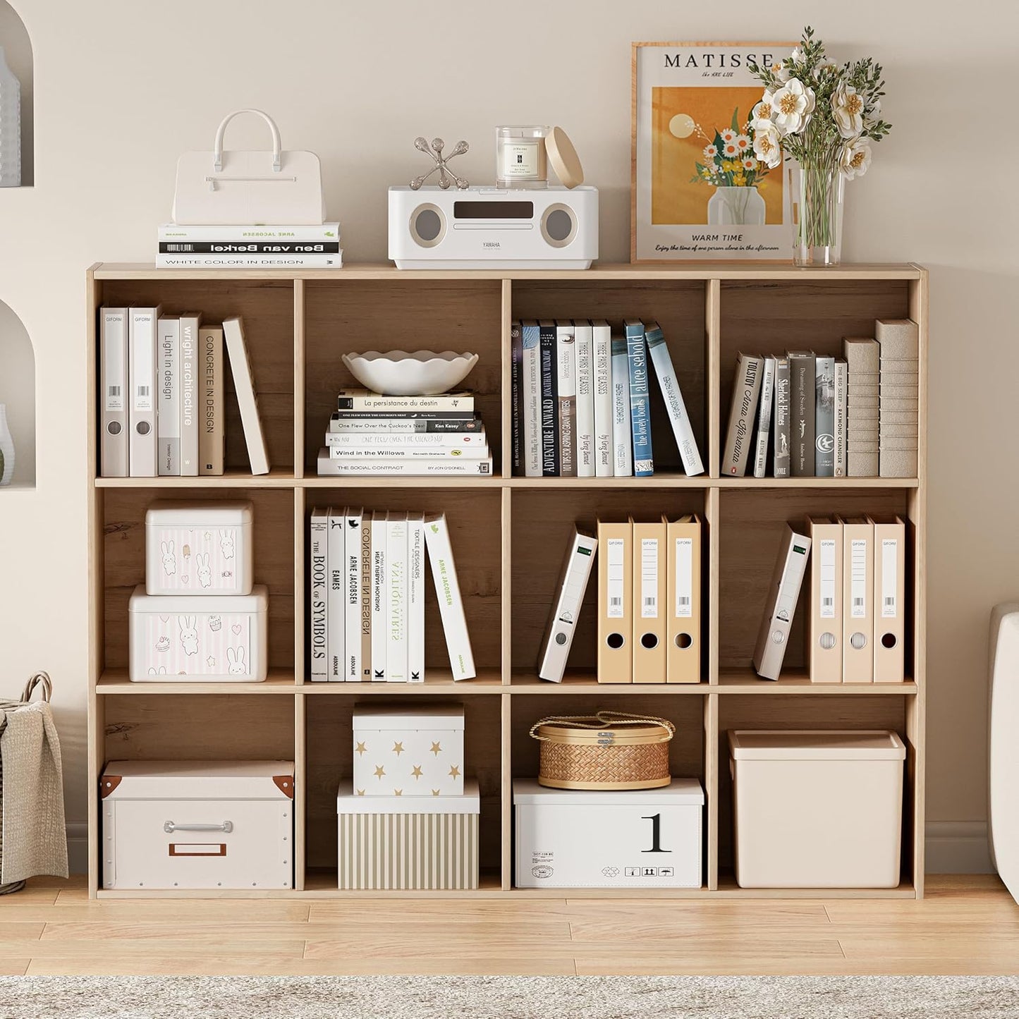 Wooden Cube Storage Organizer with Closed Back Panel, 11in Cube Shelf Opening, Bookshelf, Display Shelf,Closet Cabinet for Home and Office (White Oak, 12-Cube 35.98L*9.45W*47.72H)