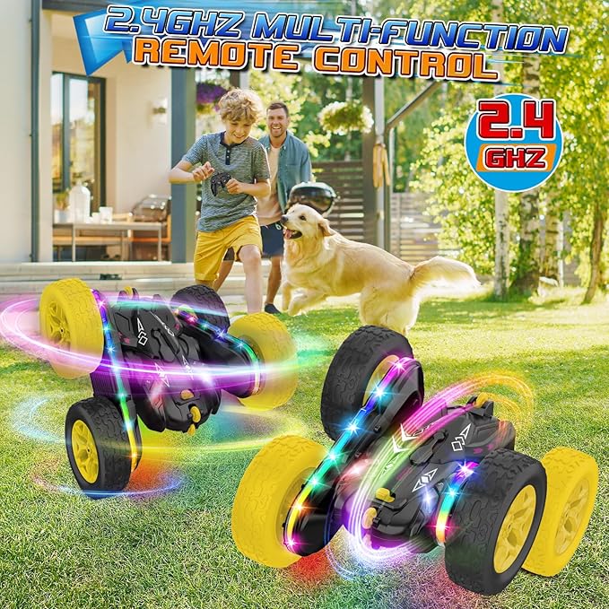 Remote Control Car,RC Cars with Sides Light Strip and Headlights,Double Sided 360 Flips Rotating RC Stunt Car,2.4Ghz All Terrain Toys for Ages 4-8 Kids Toy for Boys Birthday Gift(Black)