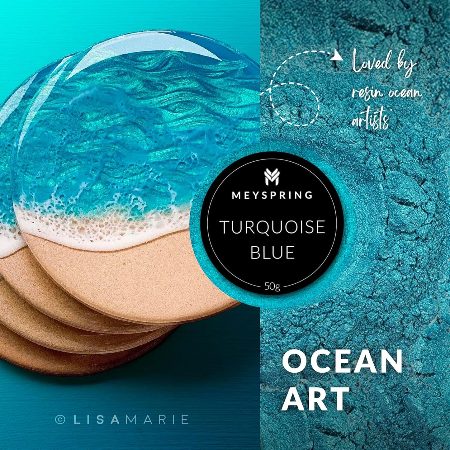 MEYSPRING Turquoise Blue Mica Powder - 50g - Epoxy Resin Color Pigment - Teal Mica Powder for Resin Ocean Art, River Tables, Woodworking - Cosmetic Grade