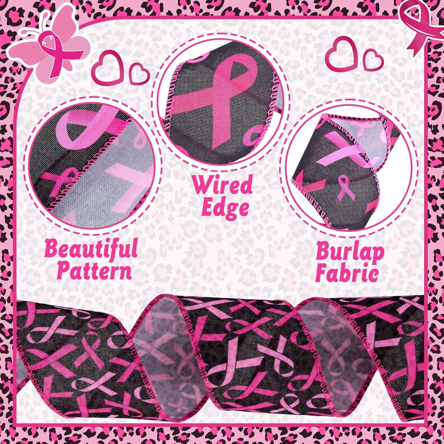 12 Rolls 60 Yards Breast Cancer Awareness Wired Edge Ribbon Pink Butterfly Patterned Ribbon Faith Hope Love Bow Making Craft Wrapping for Women Gift Wrapping Activities Home Accessories Decor