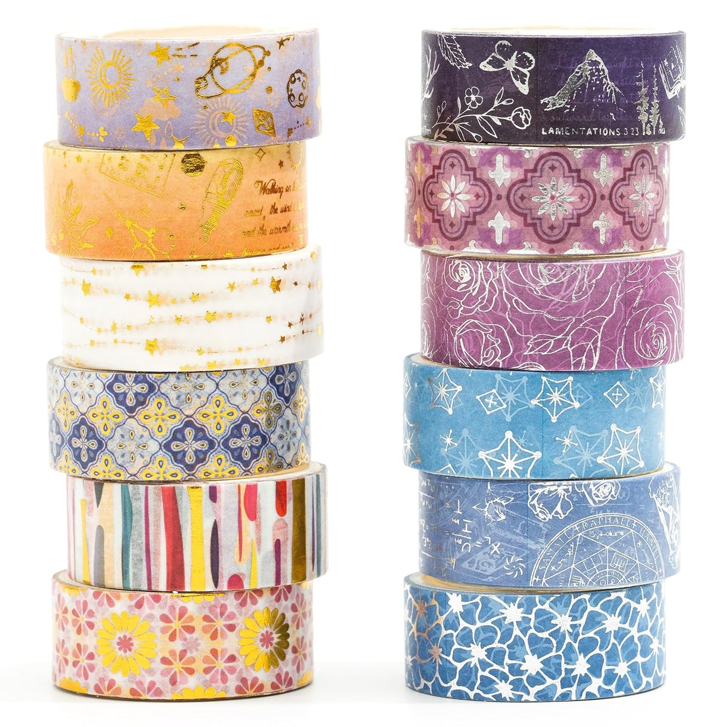 12 Rolls Charming Washi Tape Set Gold Silver Foil Detailing Arts Adhesive Tapes Basic Patterns Decorative Masking Tape Sets for Craft, Kids, Scrapbook, DIY, Gift Wrapping (Royal Splendor)