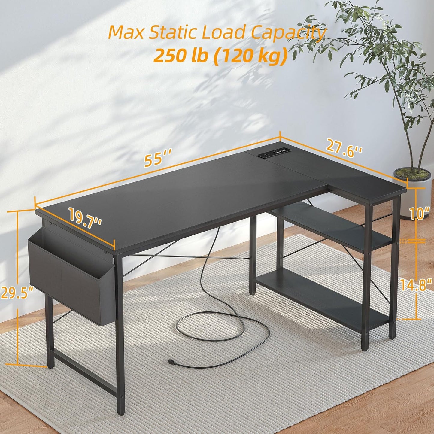 TIQLAB L Shaped Computer Desk with Power Outlets, 55 Inch Small Corner Desk with Reversible Shelves, Gaming Desk Computer Table Study Writing Table for Home Office Bedroom Small Space, Black