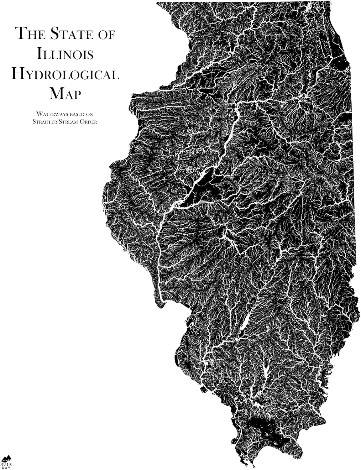 Muir Way Hydrological River Map of Illinois - Watershed Topographic Wall Art for Home, Office, or Travel Decor - Unframed Flat Paper Print, 18x24