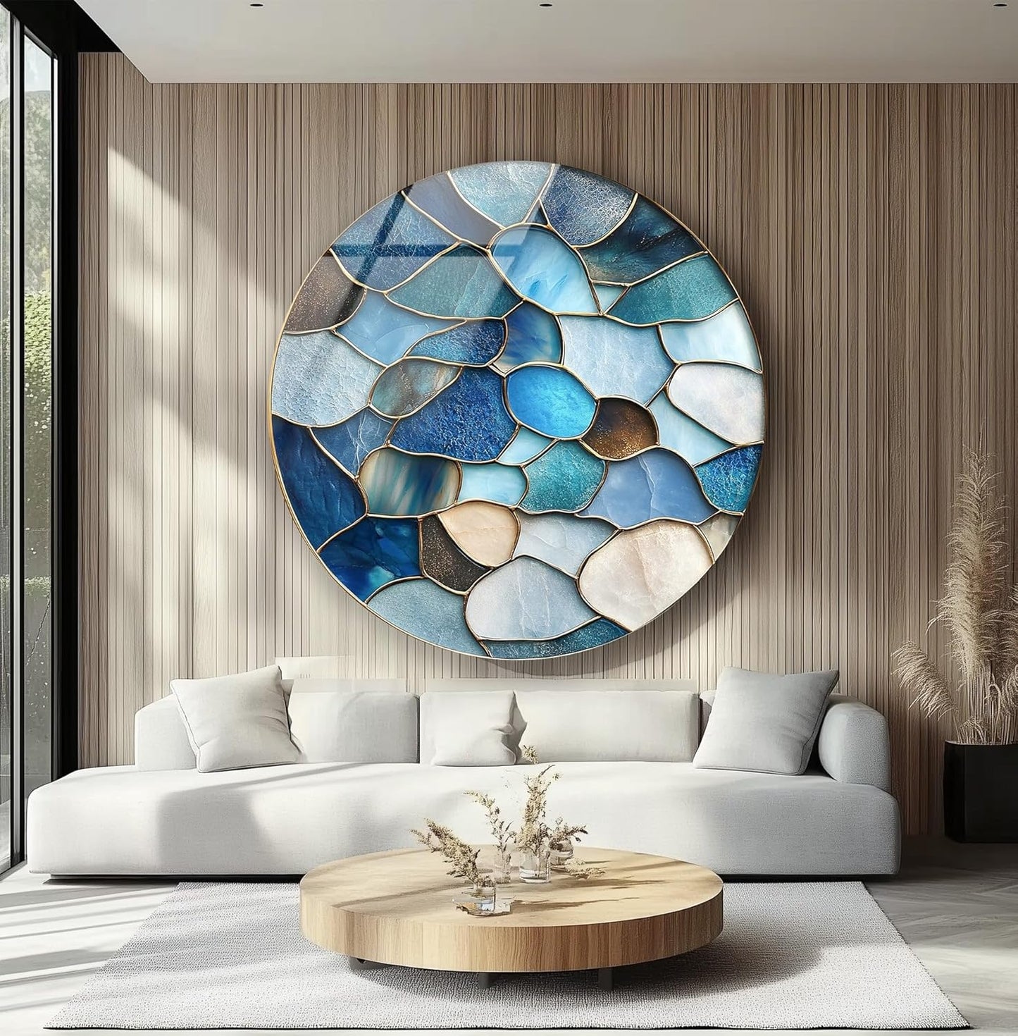 My Photostation.com 31.5''(80cm) Diameter Coastal Blue Stone Mosaic Round Glass Wall Art Tempered Glass Printing Wall Decor Large Wall Art Wall Hangings