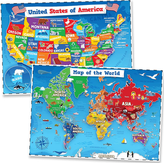 World Map Poster & Map of the United States For Kids - 2pc Set - 24” x 16” USA & World Map For Kids Waterproof Classroom Posters Must Haves - Classroom Decor Educational Posters For Toddlers 1-3