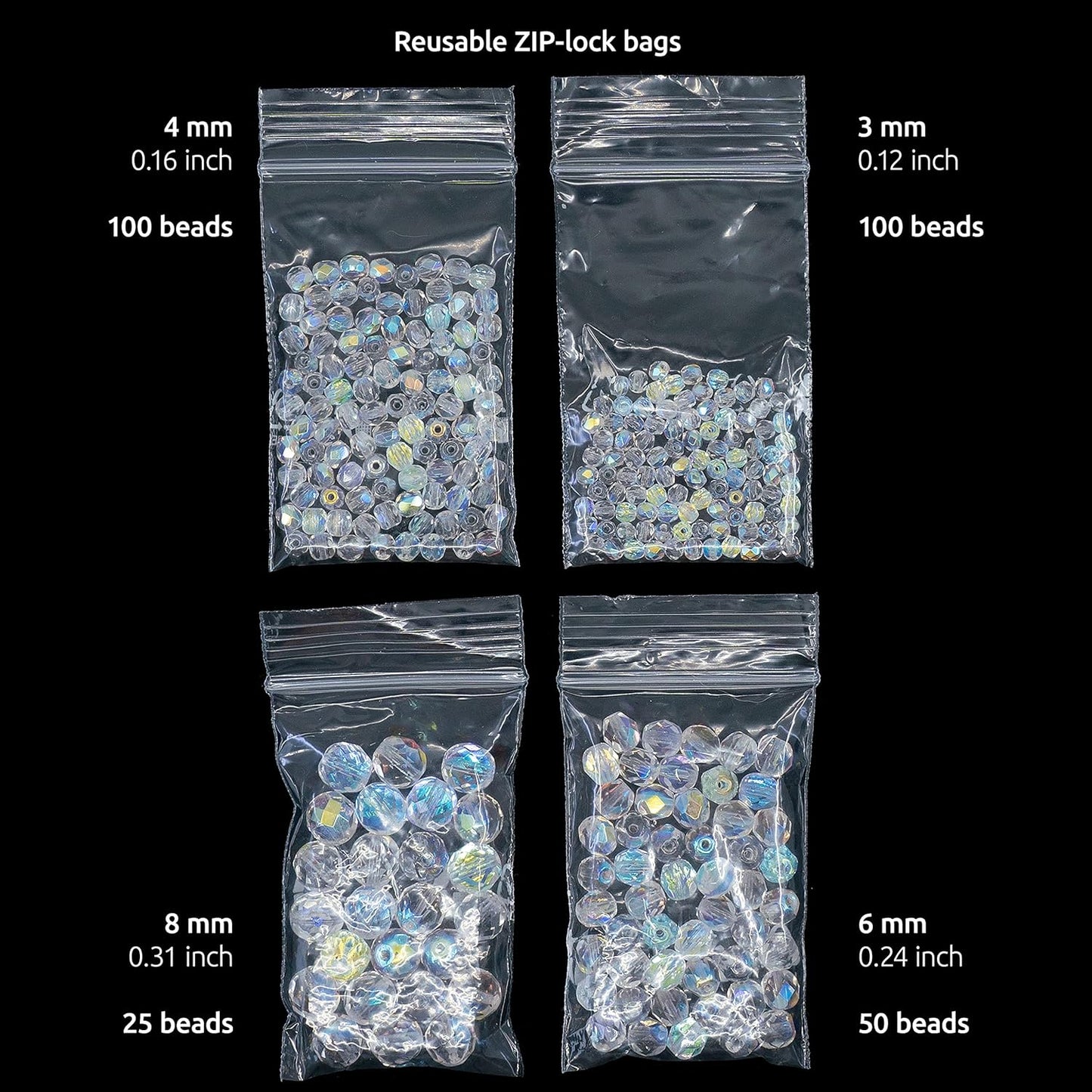 275 pcs Set of Czech Faceted Glass Beads, Fire-Polished Round Crystal AB - 3mm (100pcs), 4mm (100pcs), 6mm (50pcs), 8mm (25pcs) kit for Jewelry Making