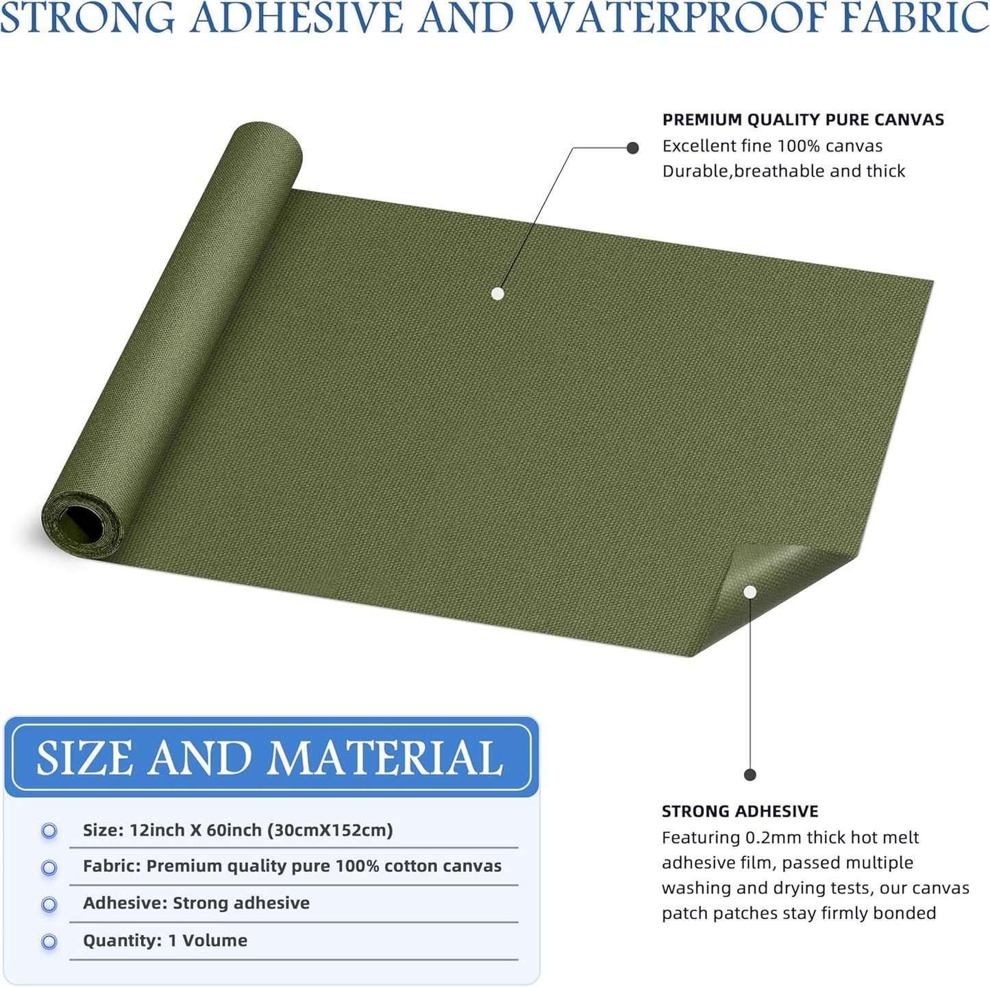 KING MOUNTAIN Canvas Iron on Patch,12"×60",Waterproof 100% Cotton Fabric Repair Patch,Used for Various Sofa,Tent,Clothes,Seats,Suitcases (Grass Green,Waterproof)