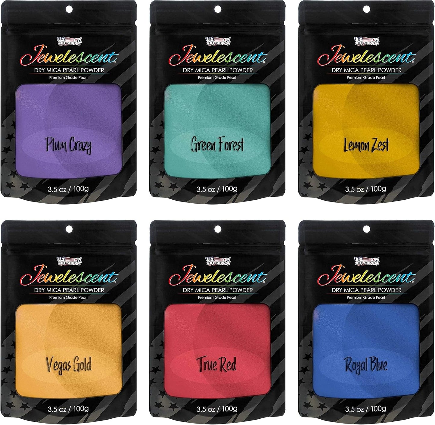 U.S. Art Supply Jewelescent Mica Pearl Pigment Powder Kit, 6 Basic Colors, 3.5 oz (100g) Pouches - Cosmetic Grade, Epoxy Resin Color Pigment, Mica Powder for Resin, Soap, Slime, Candle Dye, Art