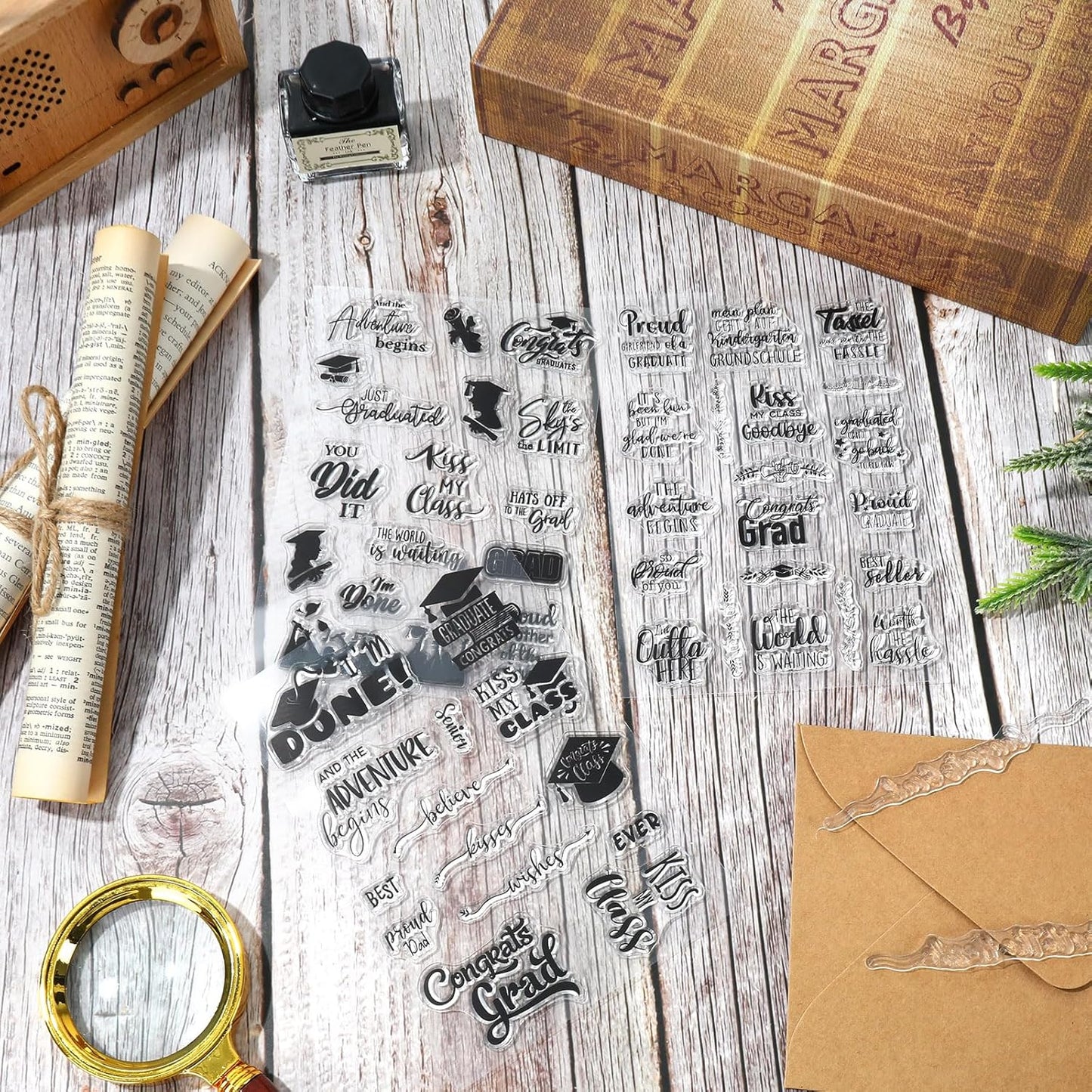 Whaline 4 Sheet Graduation Words Clear Stamps Congrats Grad Cap Silicone Transparent Stamps Border Stamp Cards for DIY Craft Card Making Scrapbooking Embossing Album Decor