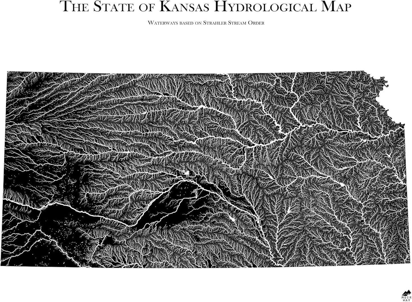 Muir Way Hydrological River Map of Kansas - Watershed Topographic Wall Art for Home, Office, or Travel Decor - Unframed Flat Paper Print, 24x30
