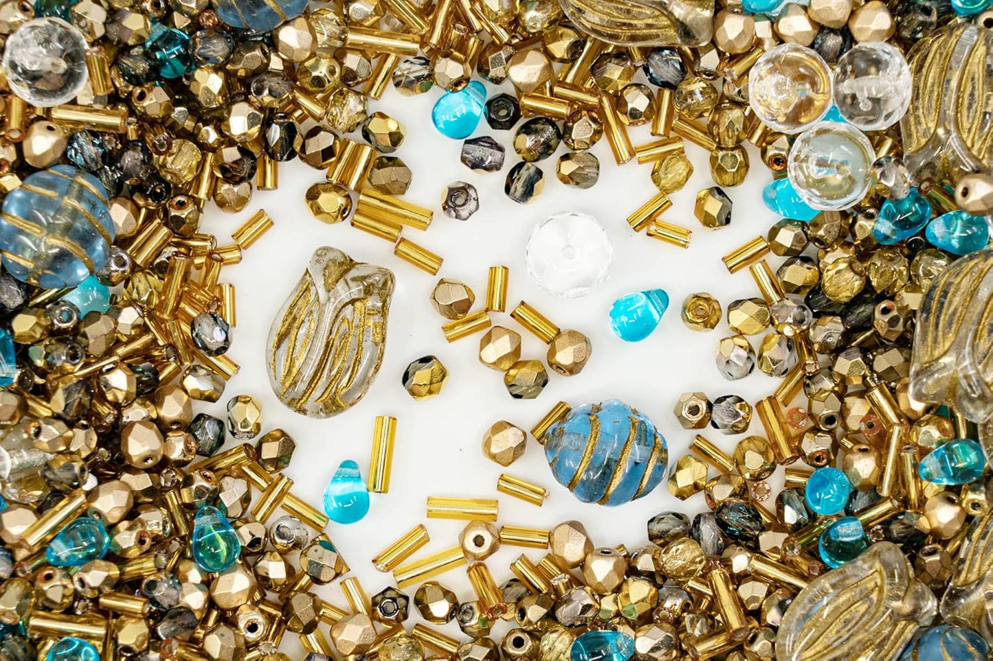 2.1oz (60 g) Mix of Unique Czech Bohemia Glass Pressed Beads, Rocailles, Aztec Pale Gold Crystal, Matte and Glossy, Hand Made BCV