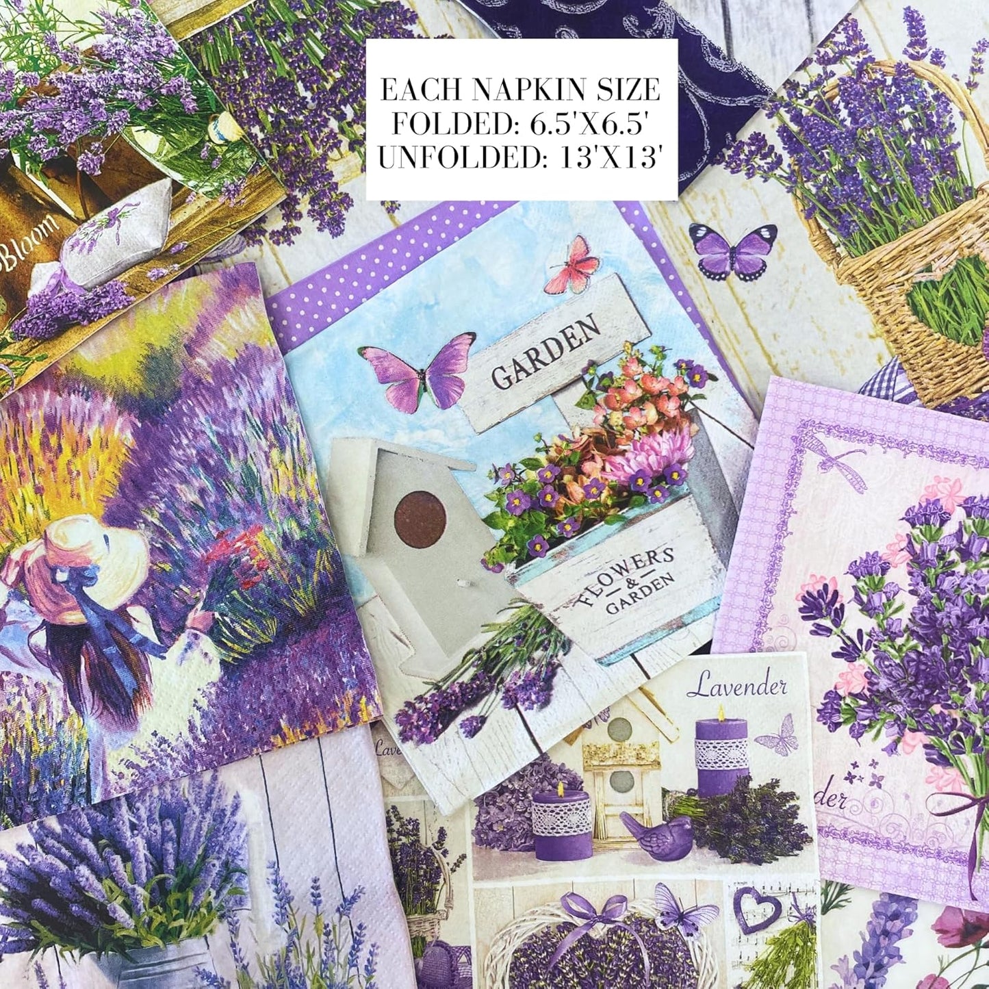 Mystery Pack Decoupage Paper Napkins, 20-ct Assorted Surprise Napkins, Decorative Napkins Lavender for Art Craft Junk Journal, 20 Different Designs