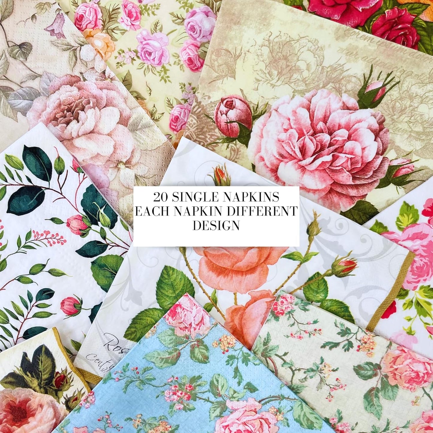 Keep Unique Mystery Pack Decoupage Paper Napkins, 20-ct Assorted Surprise Napkins, Decorative Napkins Floral for Art Craft Junk Journal, Scrapbooking, 20 Different Flower Designs