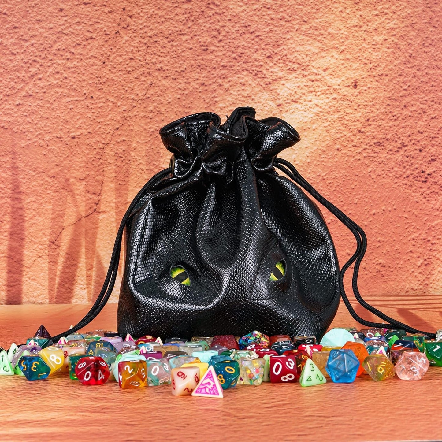 Large DND Dice Bag Leather Dice Storage Bag Black D&D Drawstring Pouch with Pockets for RPG Table Games - Can Hold 200+ Polyhedral Dice