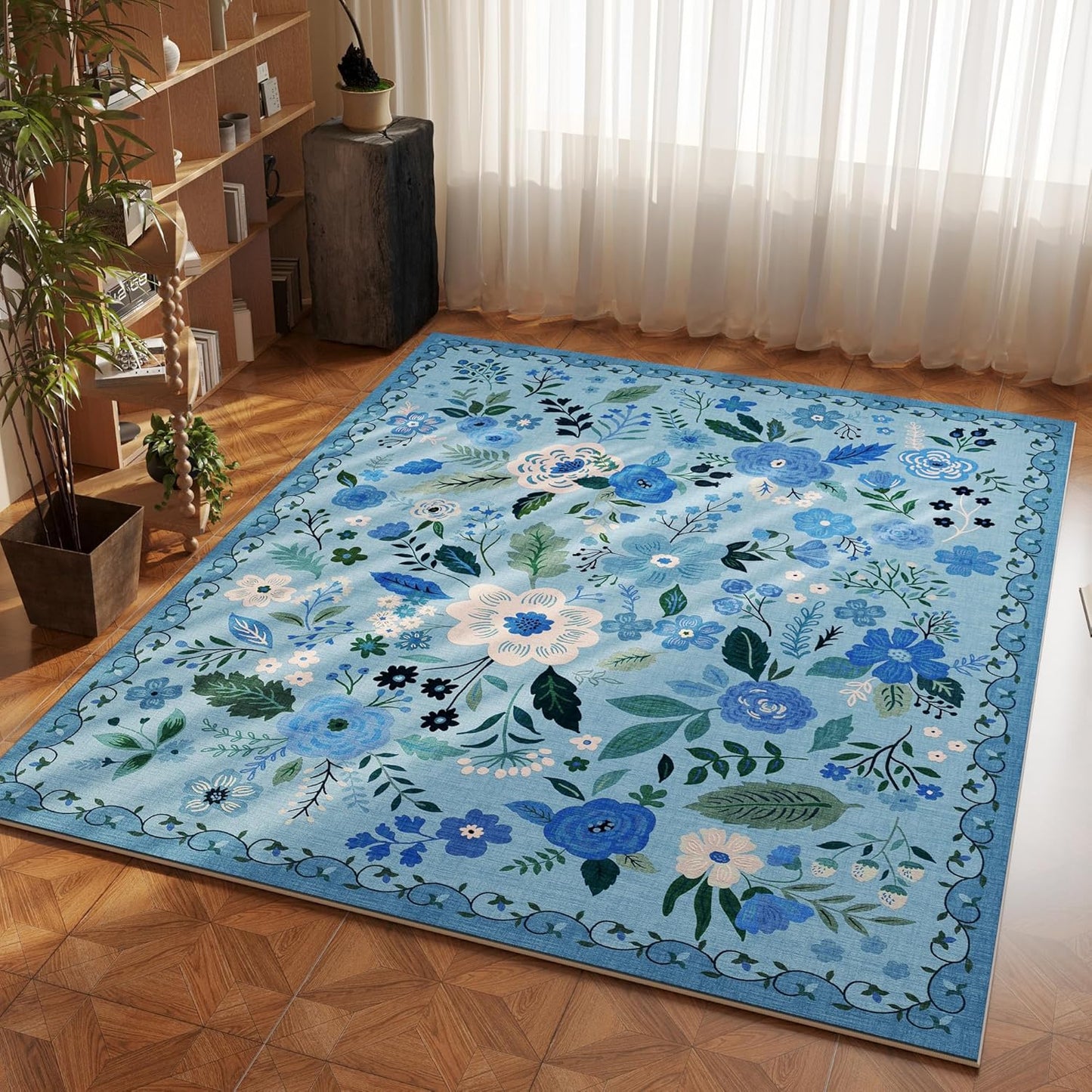 Rugcomf Bedroom Rug 3x5 Rug Washable Area Rug Non Slip Low Pile Boho Floral Small Carpet for Bedroom, Bedside, Kitchen, Entryway, Kids Room, Office, College Dorm Essentials for Girls(Blue)