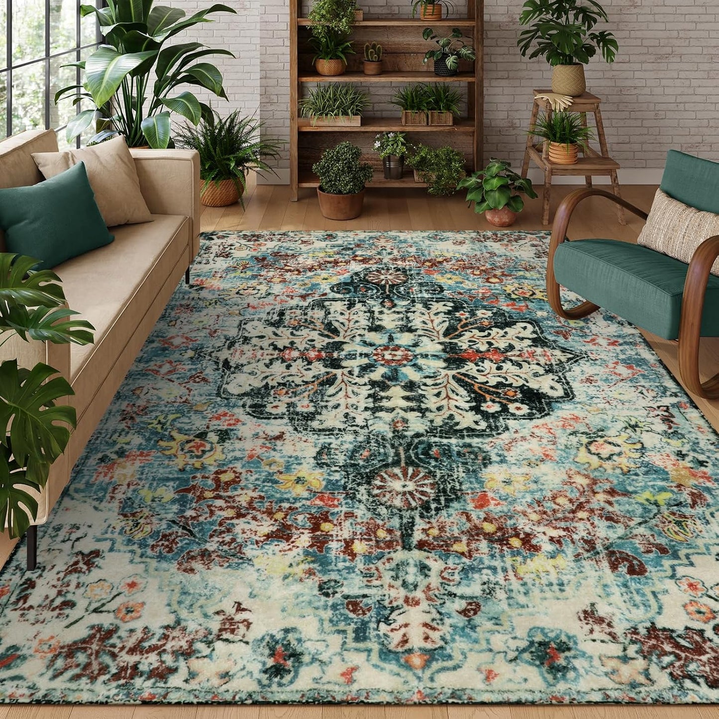 Lahome Boho 8x10 Rugs for Living Room, Teal Washable Rugs for Bedroom Aesthetic Large Dining Room Rug, Large Bohemian Printed Non-Slip Low Pile Throw Playroom Carpet for Kids Room Nursery Office