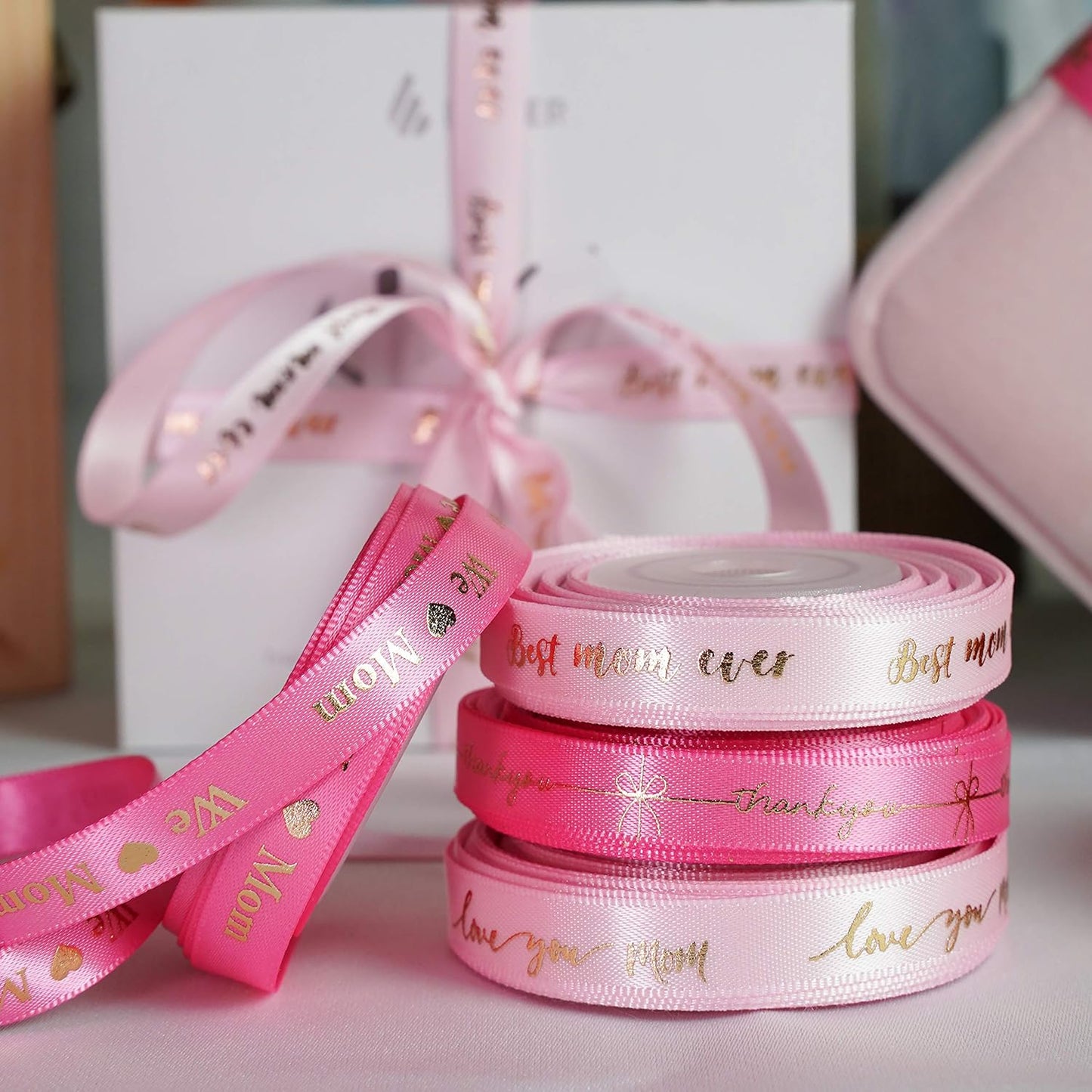 MEEDEE Pink Ribbon for Gift Wrapping Thank You Just for You Ribbon Mothers Day Gift Box Double Face Satin Assortment Thin Pink Satin Fabric, 5 Rolls 10 Yards Each Total 50 Yards