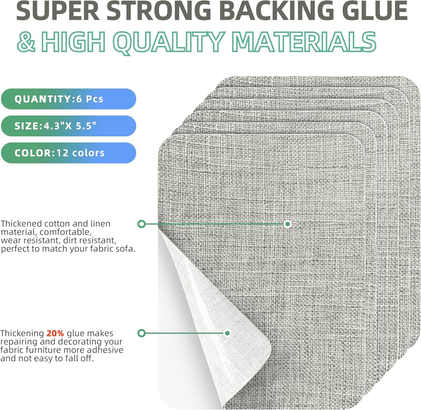 Azobur Coarse Linen Repair Patches, 6 Piece Self-Adhesive Linen Fabric Patches, Multi Color, Can be Used for Linen Sofa Repair and Linen Clothes Repair, Quick Fix Sofa.(Light Gray)