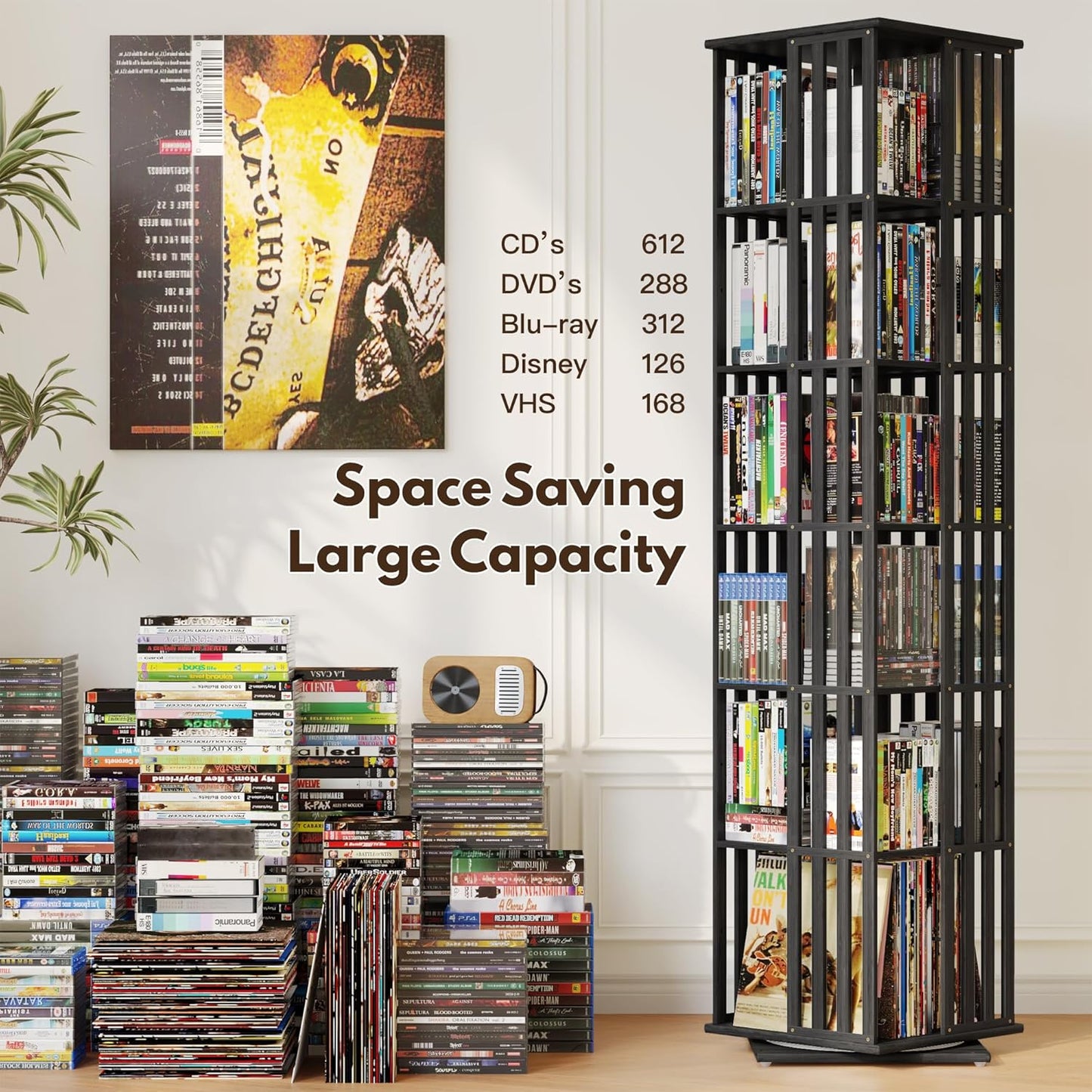 XIMN 360° Rotating Bamboo CD/DVD Shelf - 6-Tier Space-Saving Media Storage Cabinet for Movies, Organizer with Super Compact Design (Black, 6 Tier)