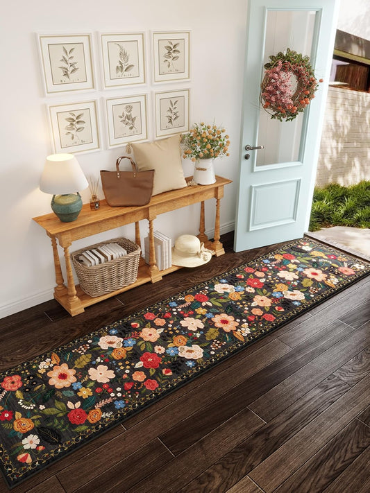 Rugcomf Runners for Hallways Kitchen Rug Non Slip 2'x 10' Long Washable Runner Rugs with Rubber Backing Soft Floral Carpet Runner for Hallways, Kitchen, Laundry, Bedroom, Bathroom(Black)