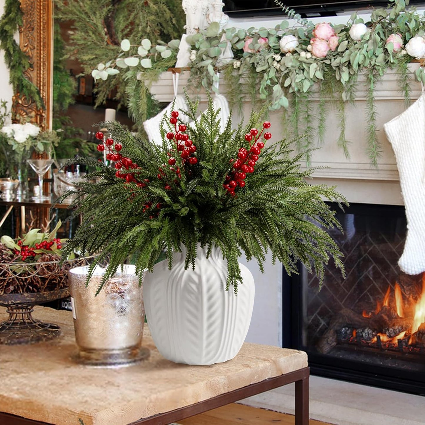 25 Pcs Christmas Norfolk Pine Branches with Red Berry Stems, 19" Extra Long Fake Greenery Norfolk Pine Stems Sprigs, Artificial Xmas Branches Plants Pine Leaves for DIY Craft Garland Home Decor