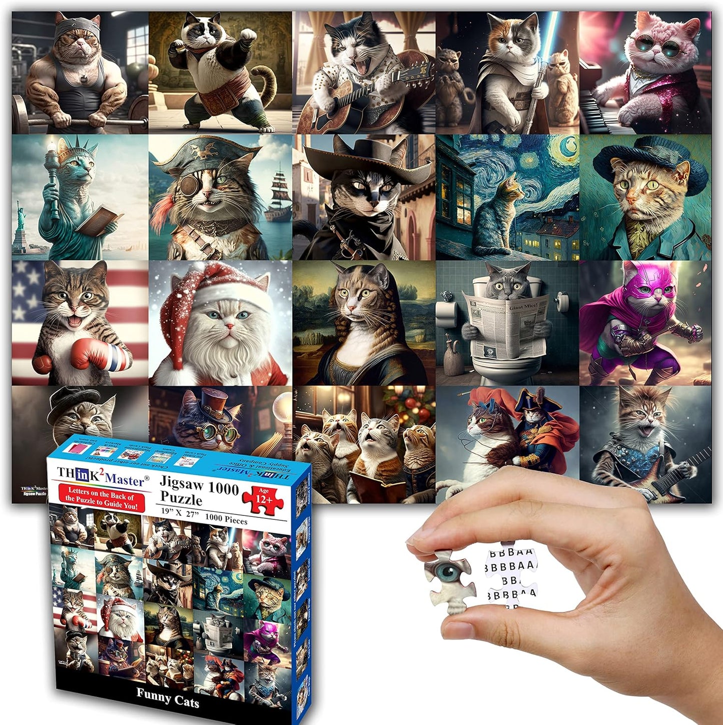 Think2Master Funny Cats 1000 Pieces Jigsaw Puzzle Featuring heartwarming Kittens and Cats. Fun for Teens, Seniors & Families. Great Gift for Kids Ages 13+ Size: 26.8” x 18.9”