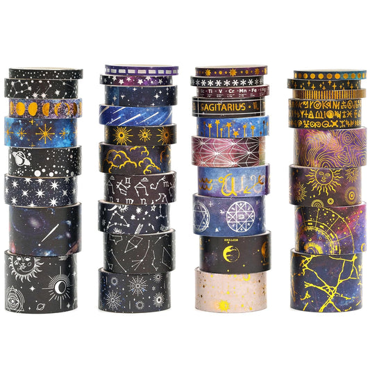 36 Rolls Galaxy Washi Tape Pack Stars Arts Adhesive Tapes Gold Silver Foil Decorative Masking Tape Sets for Craft, Kids, Scrapbook, DIY, Gift Wrapping (Constellation 36 Rolls)