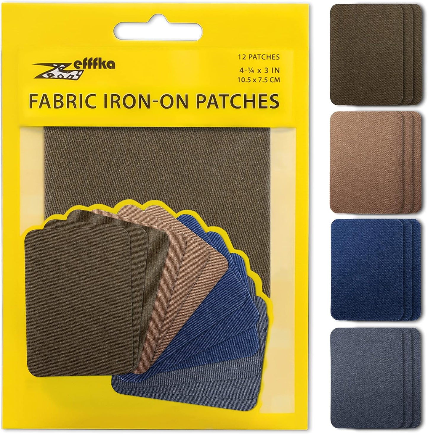 ZEFFFKA Premium Quality Fabric Iron-on Patches Inside & Outside Strongest Glue 100% Cotton Deep Blue Khaki Gray Brown Repair Decorating Kit 12 Pieces Size 3" by 4-1/4" (7.5 cm x 10.5 cm)