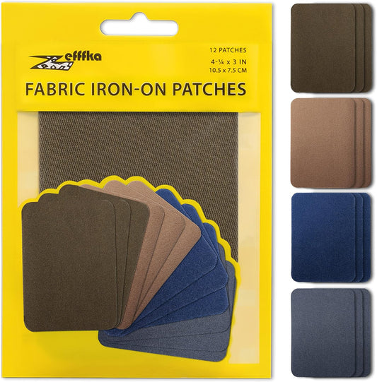 ZEFFFKA Premium Quality Fabric Iron-on Patches Inside & Outside Strongest Glue 100% Cotton Deep Blue Khaki Gray Brown Repair Decorating Kit 12 Pieces Size 3" by 4-1/4" (7.5 cm x 10.5 cm)