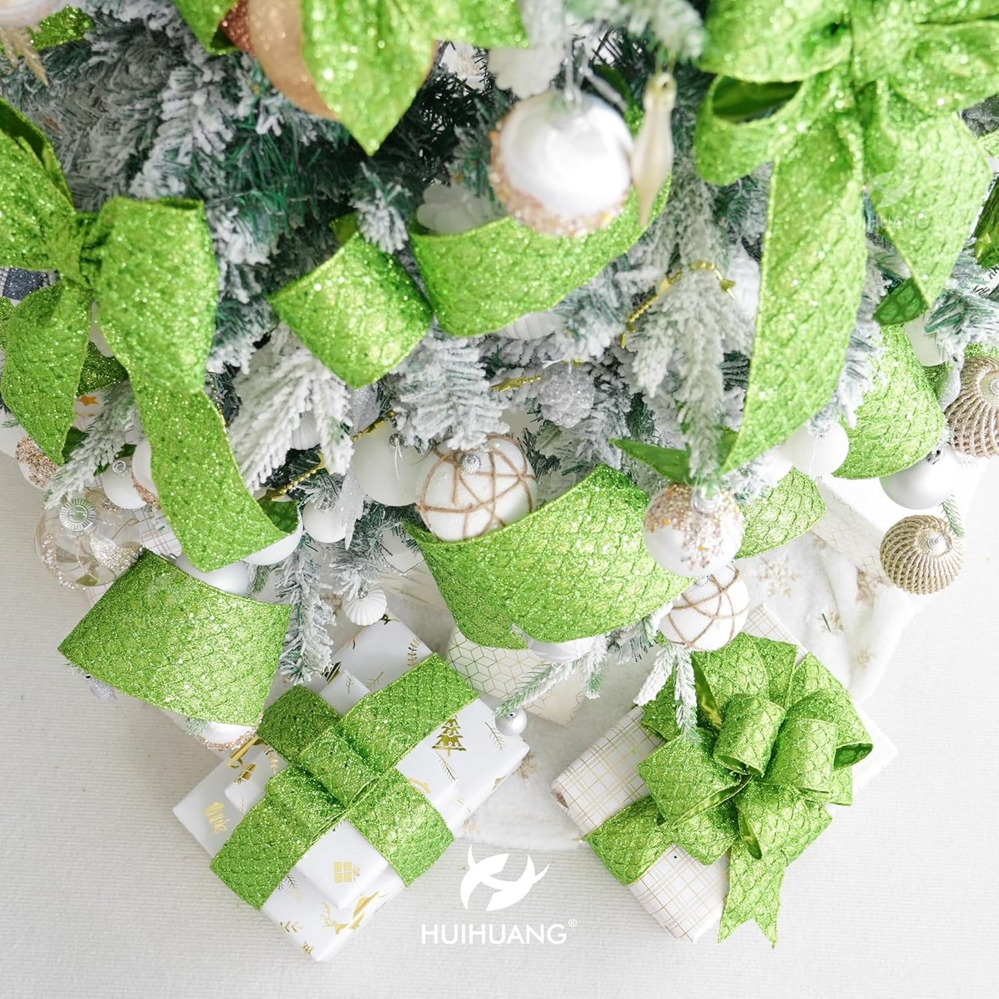 HUIHUANG Lime Green Glitter Wired Ribbon - 4 inch x 10 Yards (30 Feet) - Polyester Material - Perfect for Christmas, Halloween & More - Geometric Pattern - Wired Edges for Easy Shaping