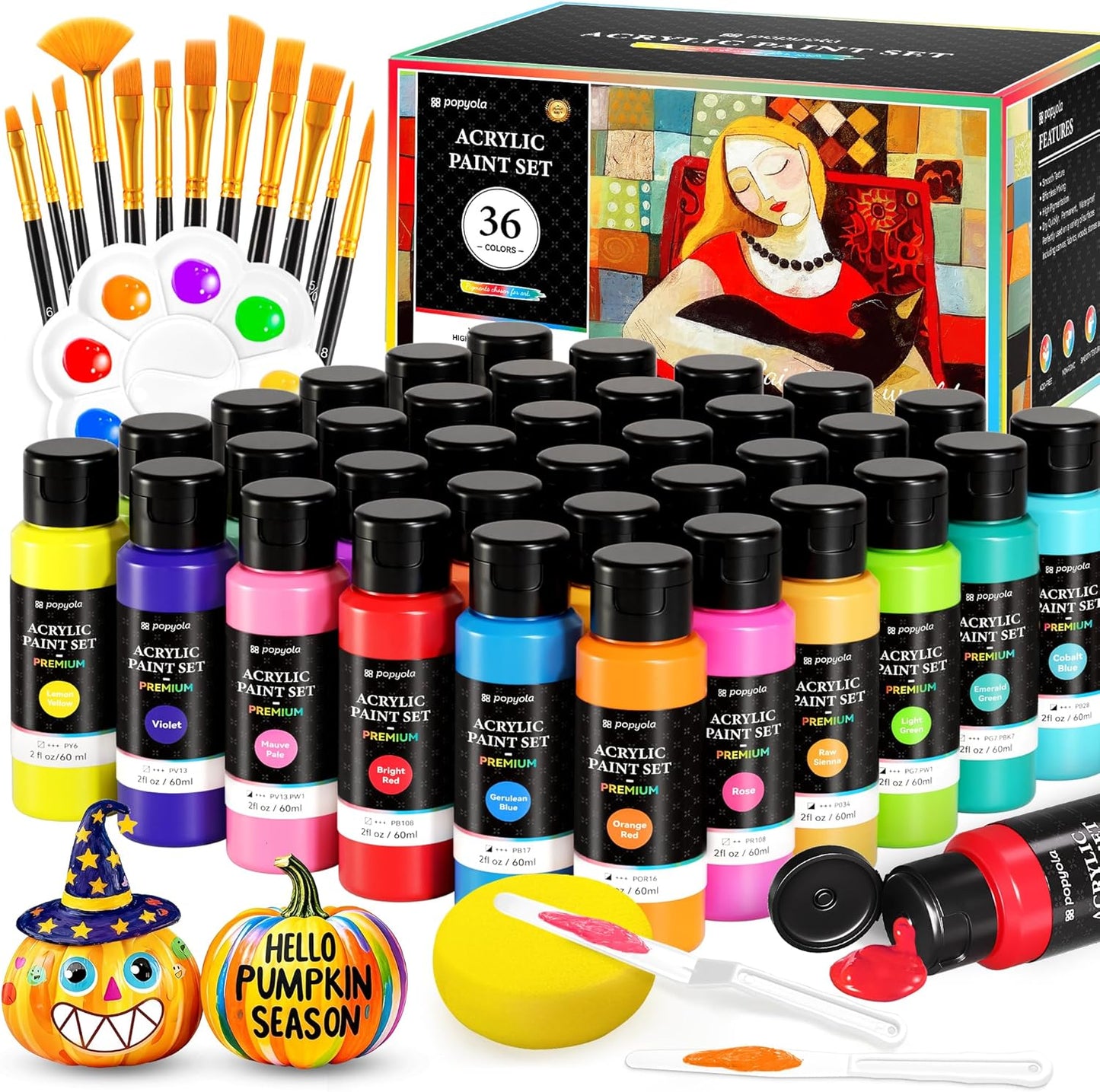 52 PCS Acrylic Paint Set with 12 Brushes, 2 Knives & Palette, 36 Colors (2oz/60ml) Art Craft Paint for Adults Kids Artists Beginners, Halloween Pumpkin Canvas Ceramic Rock Painting Kit
