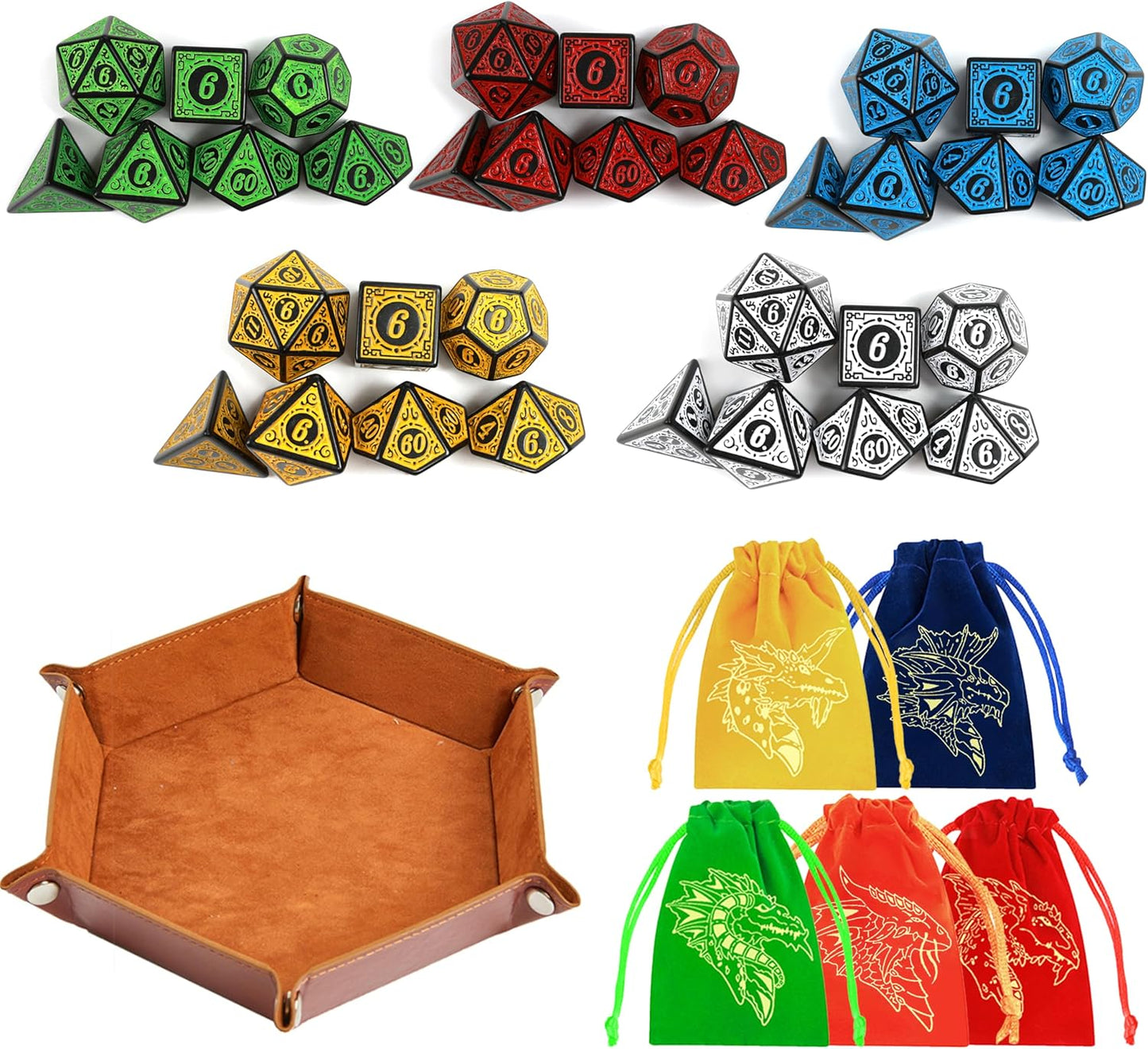 DND Dice Set 35 Pcs Polyhedral Dungeons and Dragons Rolling Dice for D&D RPG MTG Table Games Dice Bulk with Colorful Drawstring Bags and Dice Tray (Retro)