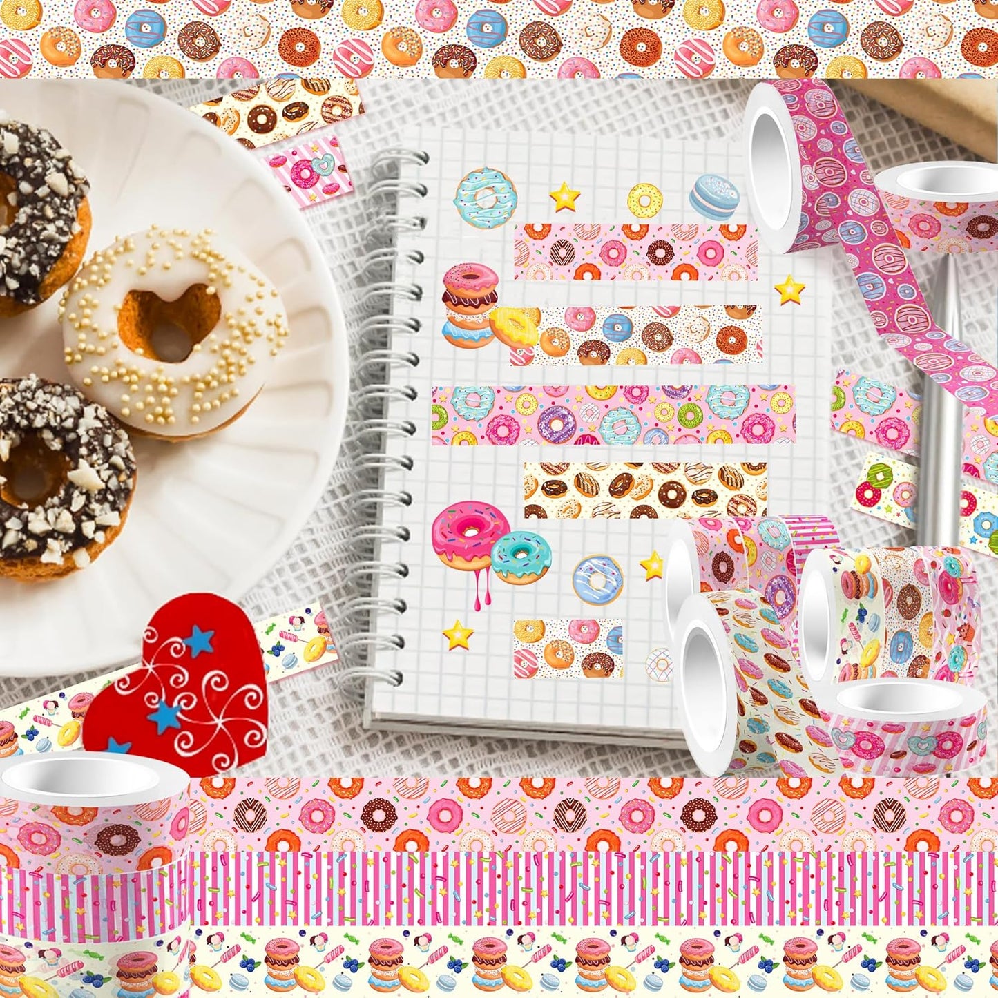 Donut Washi Tape Set 12 Rolls,Cute Washi Tape Candy Cake Gifts Wrapping Decorative Paper Stickers Decorative Tapes for DIY Art Crafts Wrapping Decor Junk Journal Scrapbooking Gifts Stickers