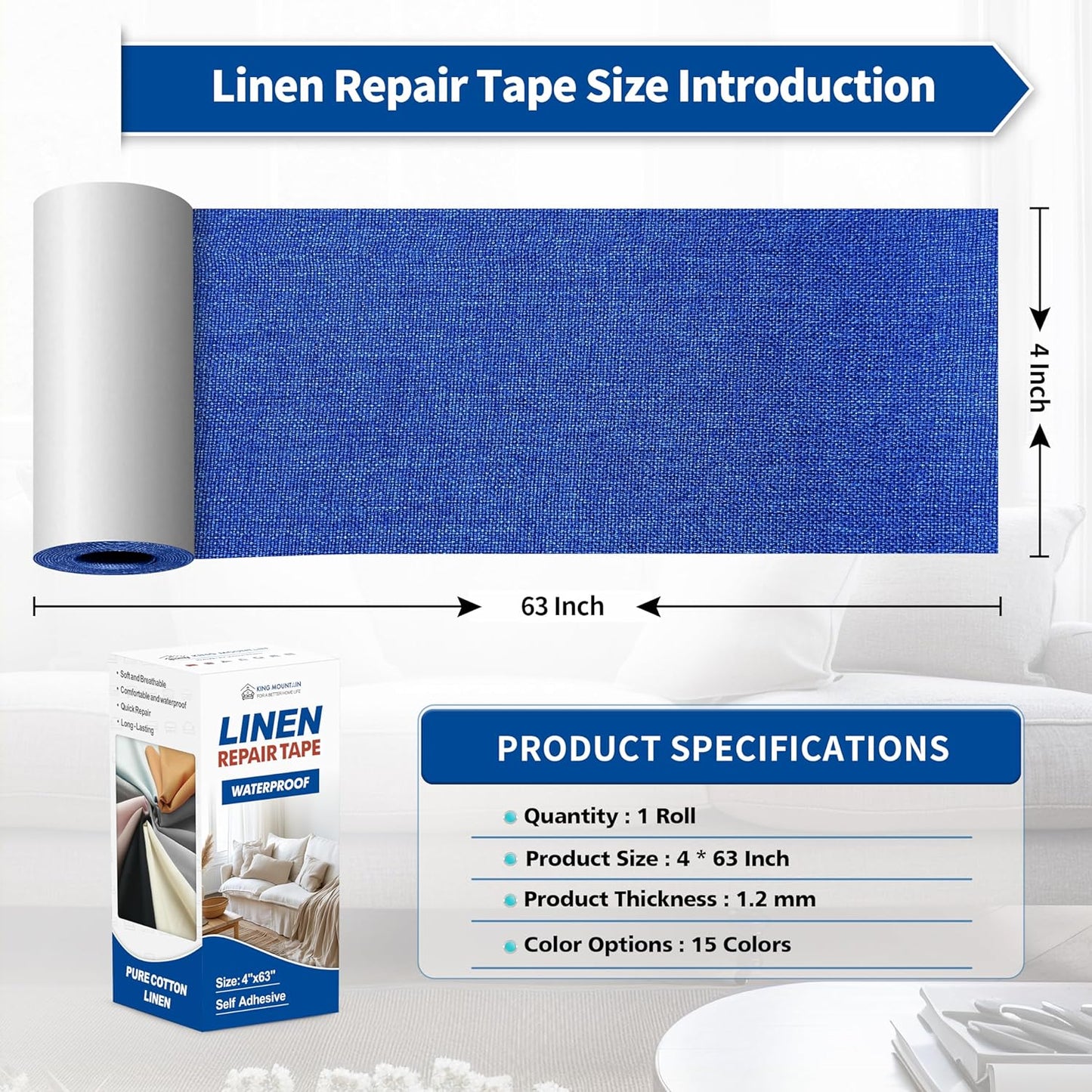 KING MOUNTAIN Linen Repair Patches, Self-Adhesive Linen Fabric Patches, 4 X 63 inch Extra Size, Multi Color, Can be Used for Linen Sofa Repair and Linen Clothes Repair (Navy Blue)