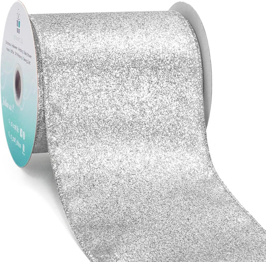CT CRAFT LLC Glitter Wired Ribbon 4" x 10 Yards Silver for Christmas Home Decor Bow Gift Wrapping DIY Crafts Wreath