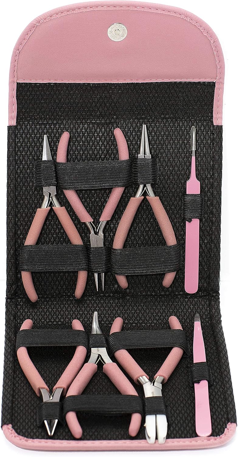 The Beadsmith Fashion Color Pliers – Set of 8 Slimline Color-Coordinated Tools – Matching Clutch in Bubblegum – Jewelry Making Supply Kit to Create Necklaces, Bracelets, Earrings & More