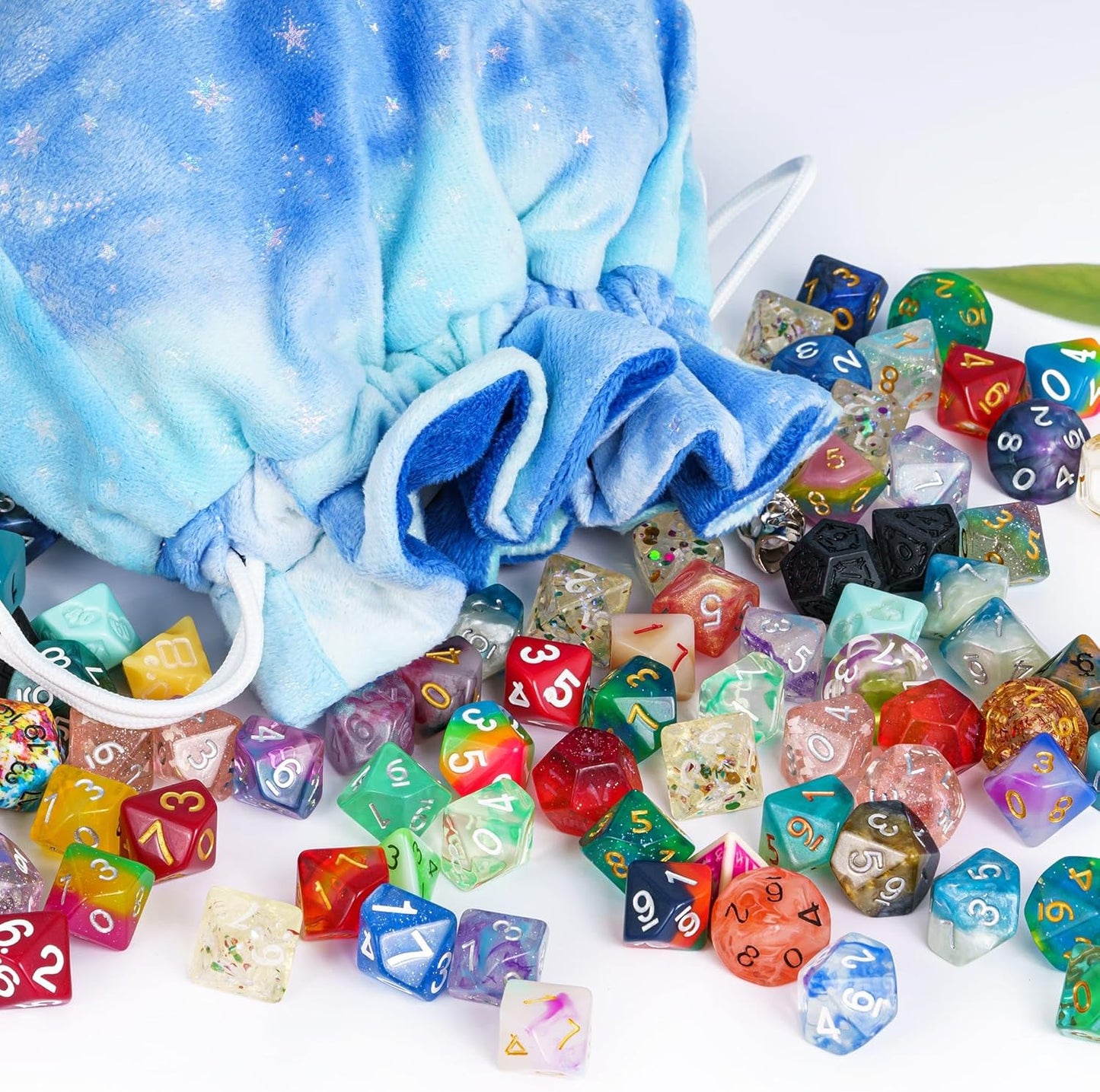 Large Dice Bags with Pockets Blue Storage Bag Star Pattern for DND RPG Game Dices (with 1lb Random DND Dice)