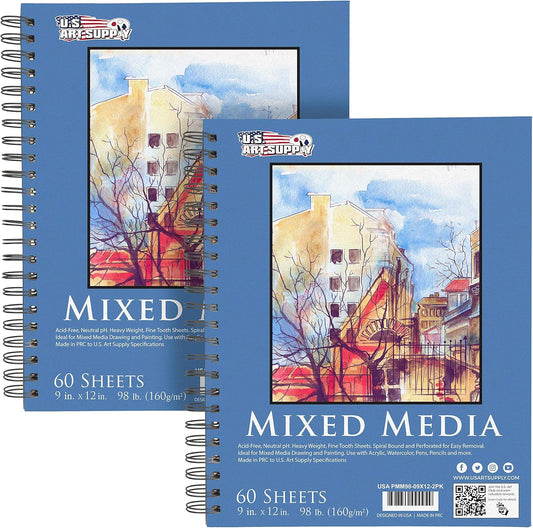 U.S. Art Supply 9"x12" Mixed Media Sketchbook, 2 Pack (60 Sheets), 98 lb (160 GSM) - Spiral-Bound Pad with Perforated Acid-Free Paper - Artist Sketch Book for Drawing, Painting, Watercolor