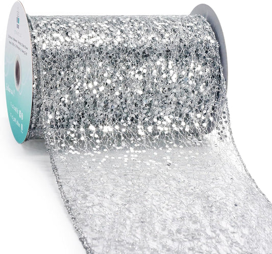 CT CRAFT LLC Sparkling Glitter Mesh Wired Ribbon 6" x 10 Yards Silver for Christmas Home Decor Bow Gift Wrapping DIY Crafts Wreath