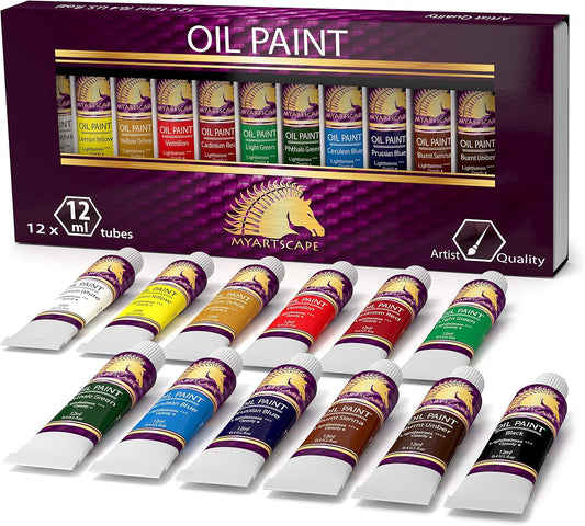 MyArtscape Oil Paint Set - 12 x 12ml Tubes - Lightfast - Heavy Body - Oil-based Vibrant Colors - High Pigment Load - Non-fading - Artist Quality Painting Supplies - Professional Craft Paints
